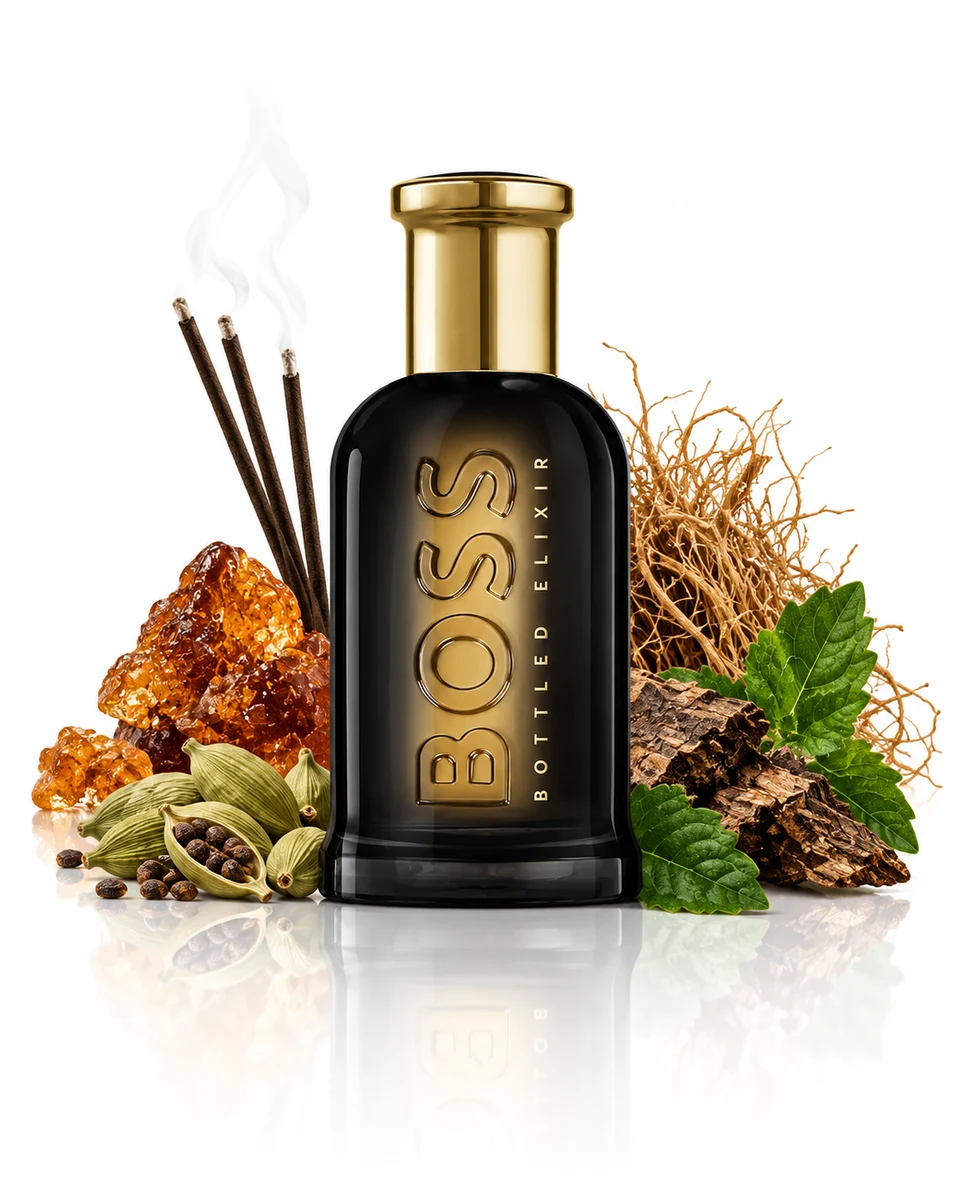 Hugo Boss BOSS Bottled Elixir Parfum Intense bottle with fragrance-note elements (AI-generated)