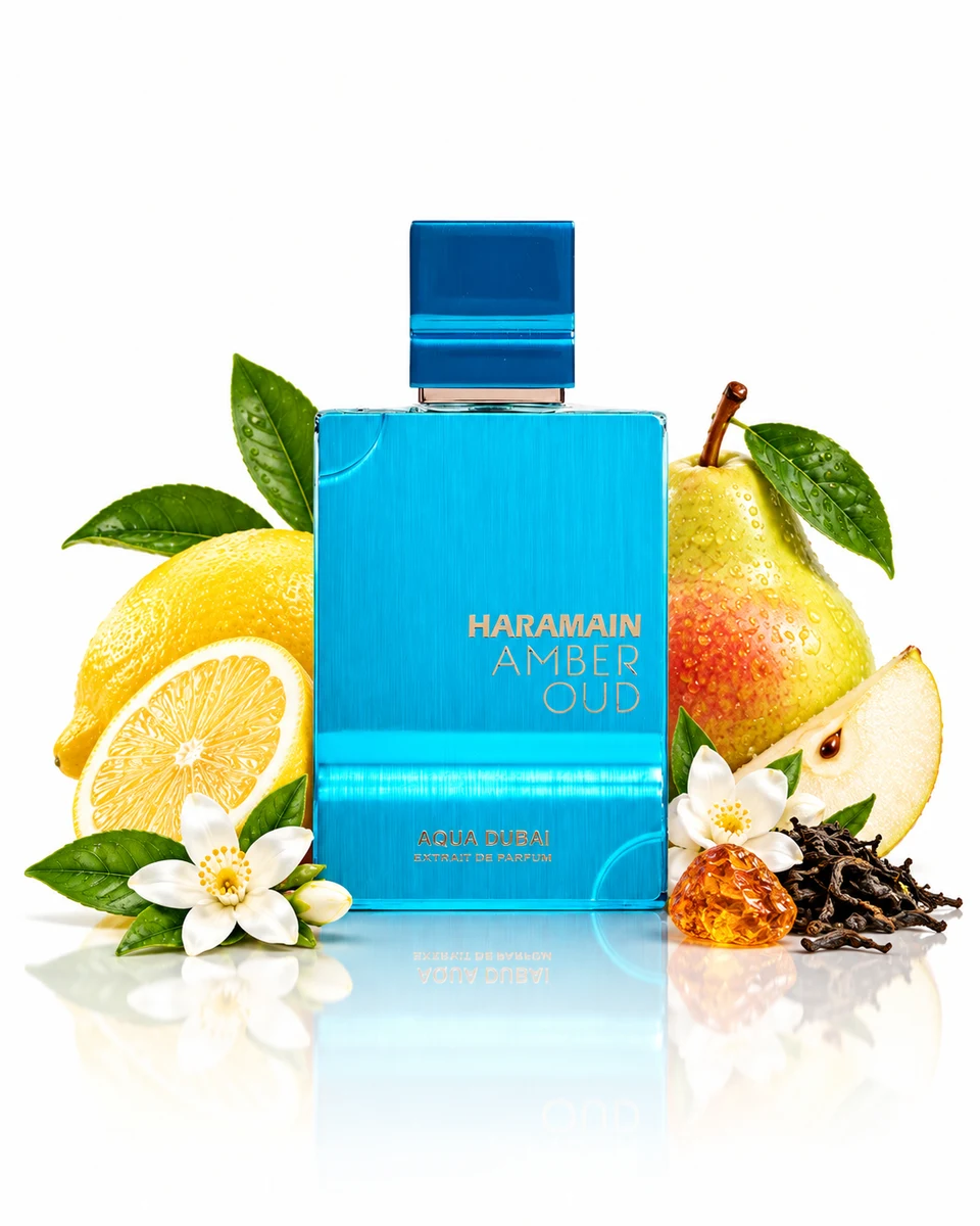 Al Haramain Aqua Dubai Extrait de Parfum bottle with fragrance-note elements (AI-generated)
