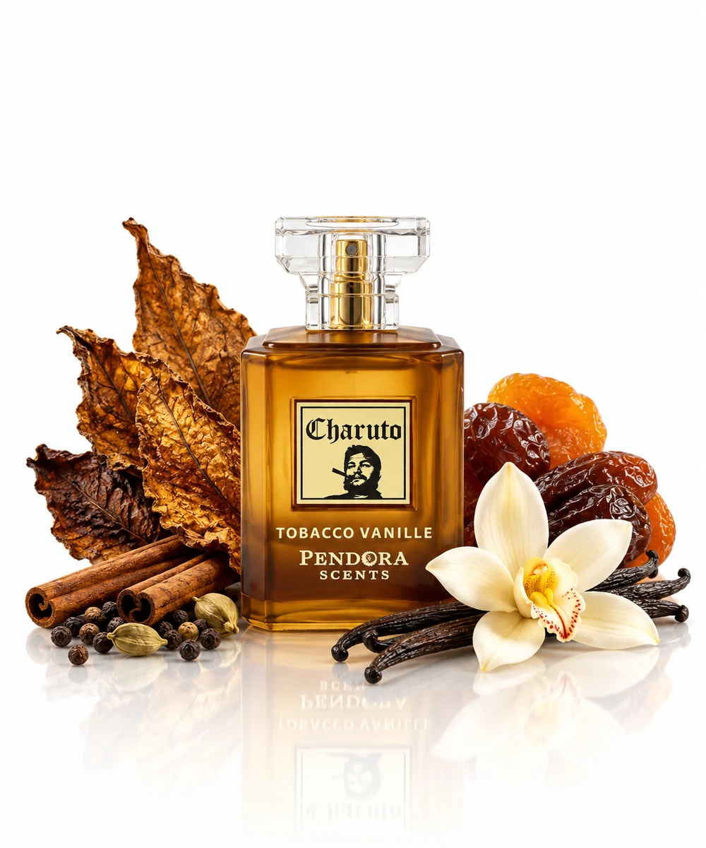 Paris Corner Charuto Tobacco Vanille Eau de Parfum bottle with fragrance-note elements (AI-generated)