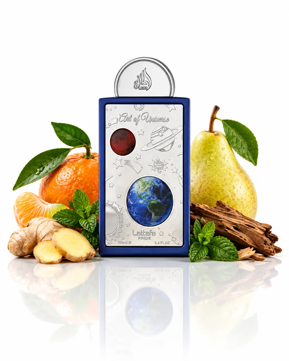 Lattafa Art of Universe Eau de Parfum bottle with fragrance-note elements (AI-generated)