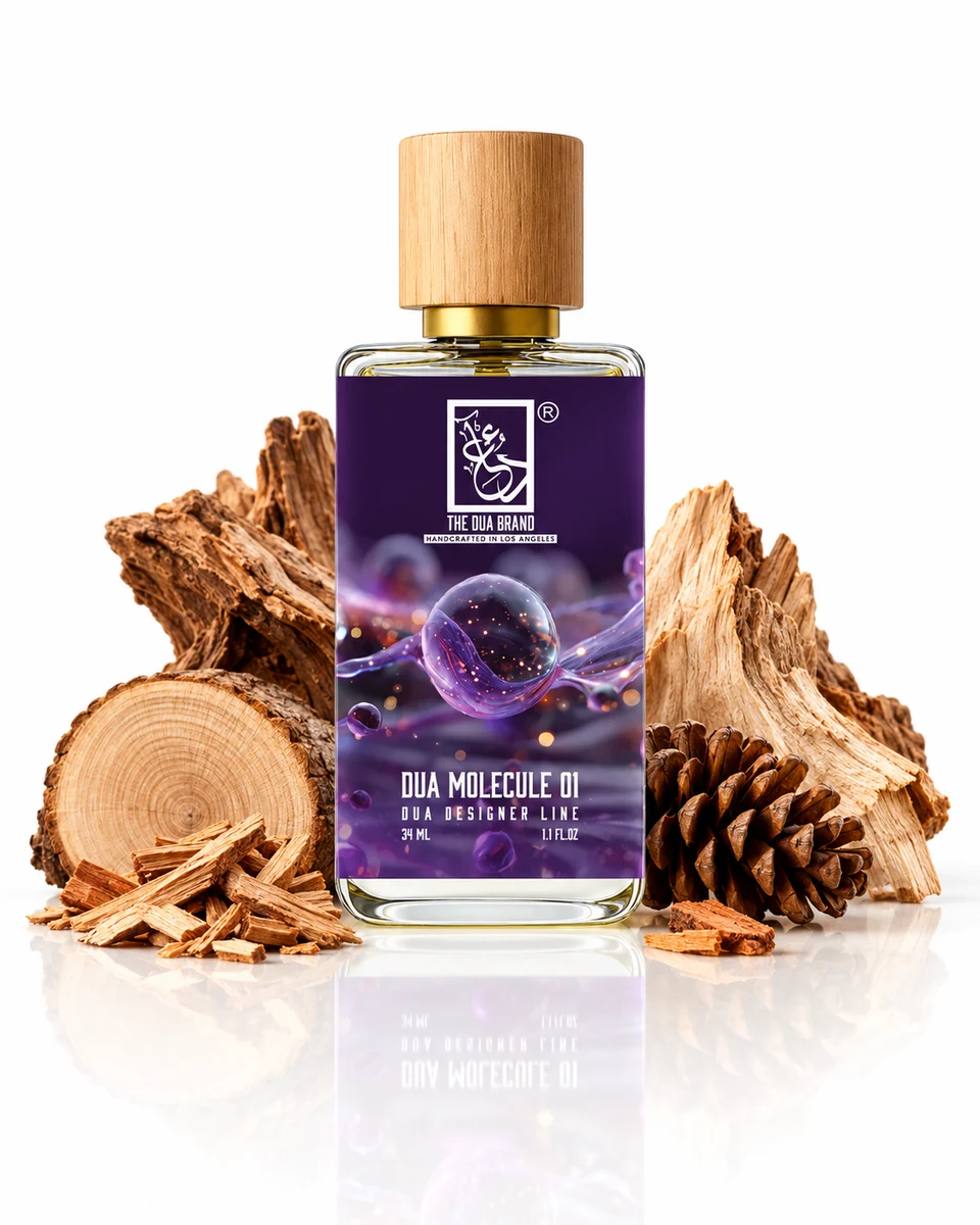 The Dua Brand Dua Molecule 01 Extrait de Parfum bottle with fragrance-note elements (AI-generated)
