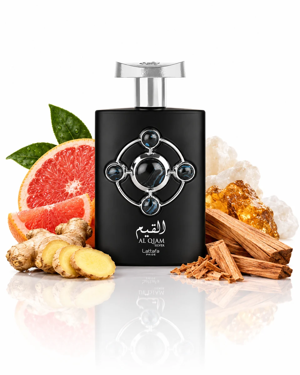 Lattafa Al Qiam Silver Eau de Parfum bottle with fragrance-note elements (AI-generated)