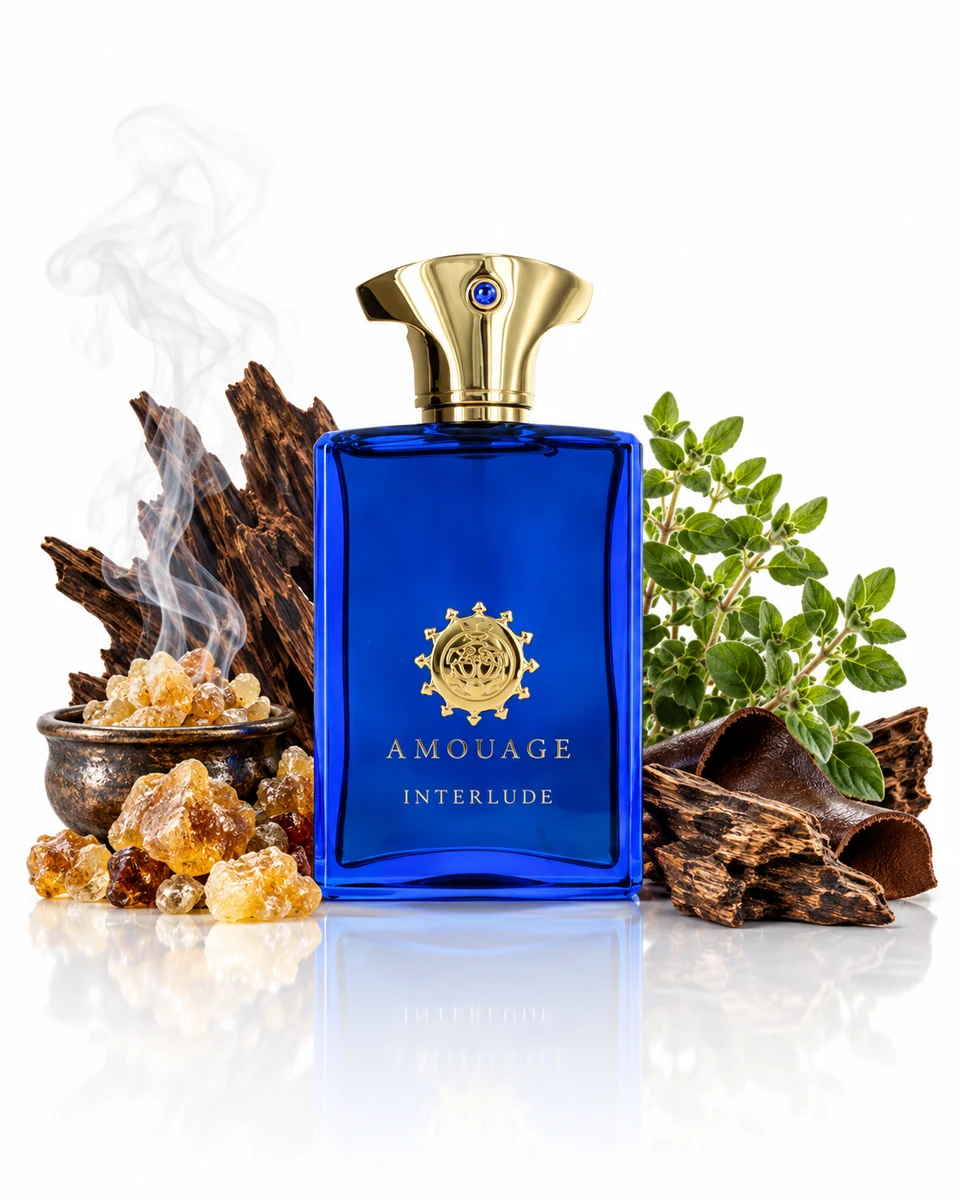 Amouage Interlude Man Eau de Parfum bottle with fragrance-note elements (AI-generated)