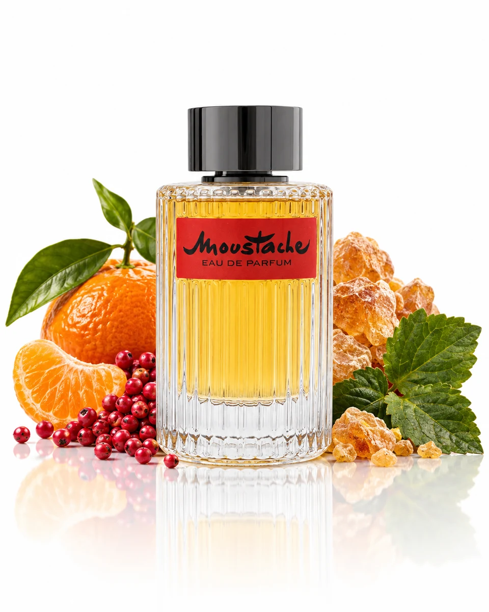 Rochas Moustache Eau de Parfum bottle with fragrance-note elements (AI-generated)