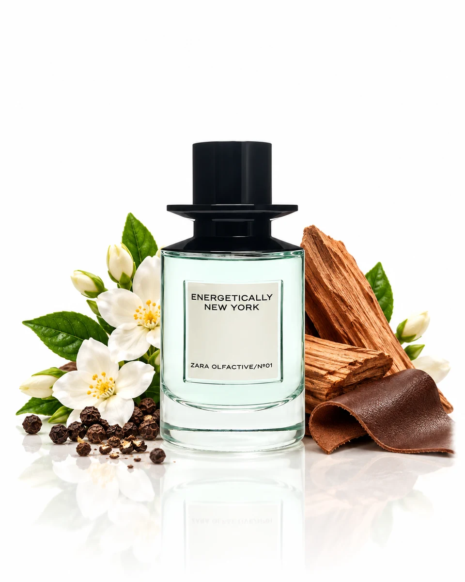 Zara Energetically New York Eau de Parfum bottle with fragrance-note elements (AI-generated)