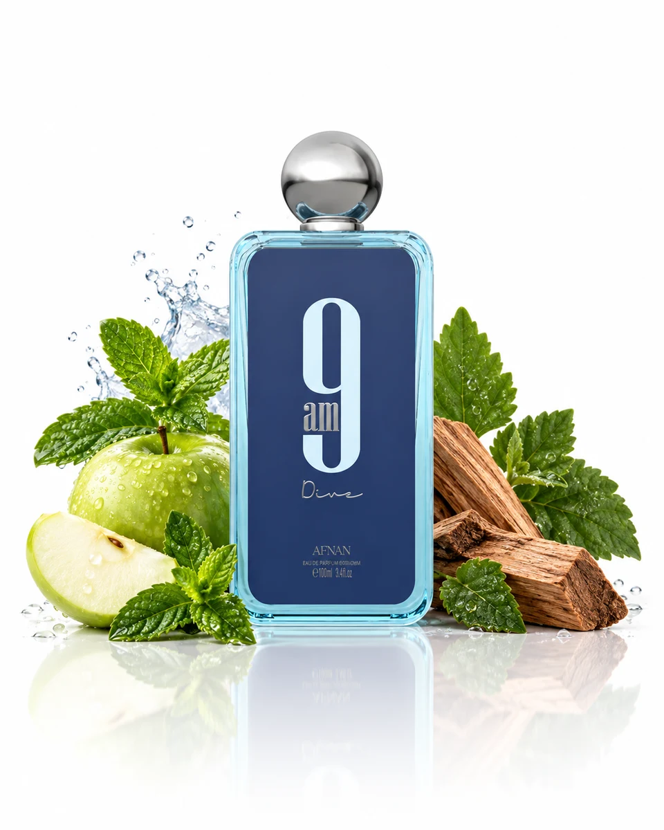 Afnan 9am Dive Eau de Parfum bottle with fragrance-note elements (AI-generated)
