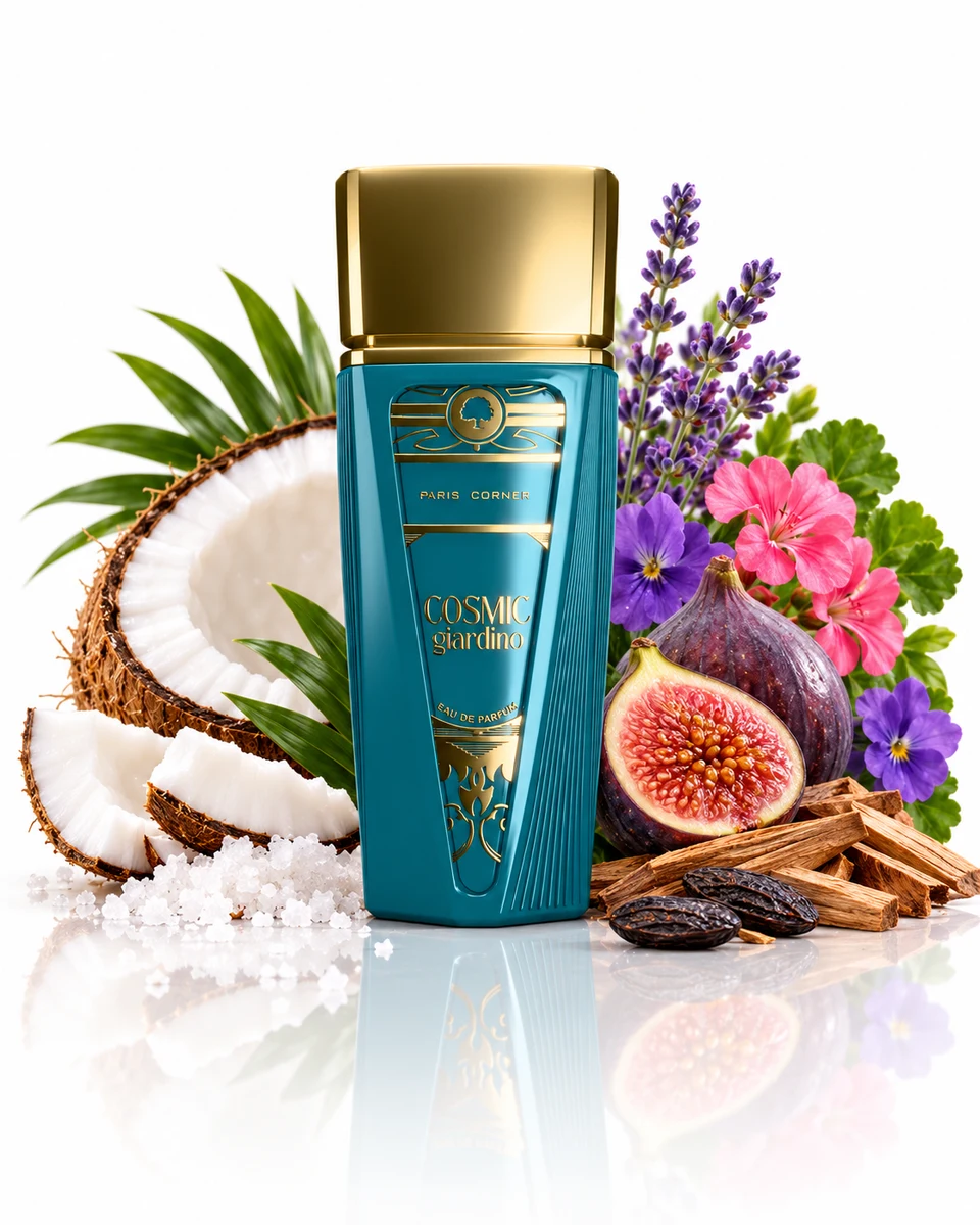 Paris Corner Cosmic Giardino bottle with fragrance-note elements (AI-generated)