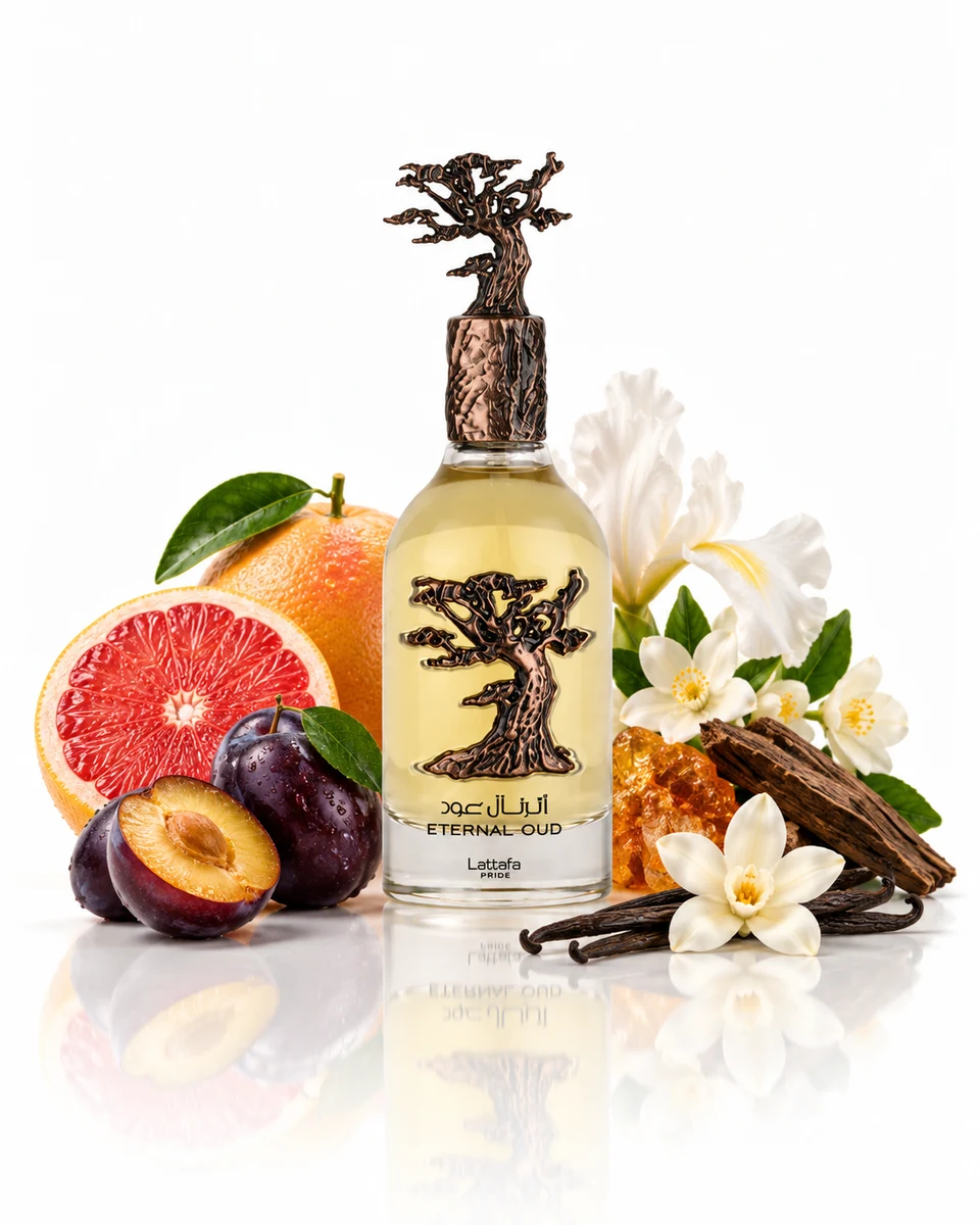 Lattafa Eternal Oud Eau de Parfum bottle with fragrance-note elements (AI-generated)