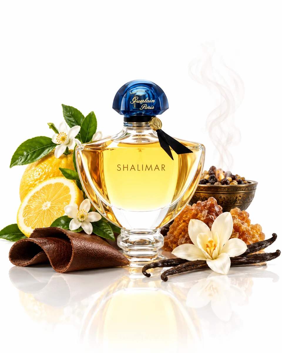 Guerlain Shalimar Eau de Parfum bottle with fragrance-note elements (AI-generated)