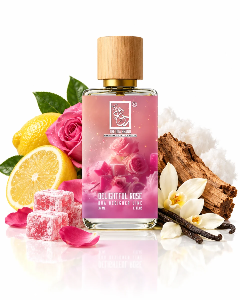 The Dua Brand Delightful Rose Extrait de Parfum bottle with fragrance-note elements (AI-generated)