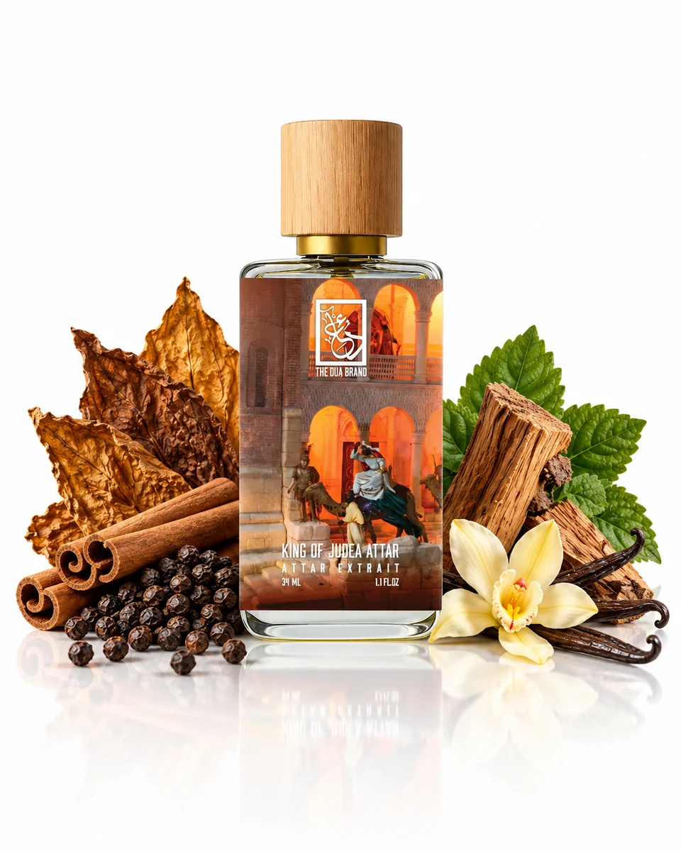 The Dua Brand King of Judea Attar Extrait de Parfum bottle with fragrance-note elements (AI-generated)