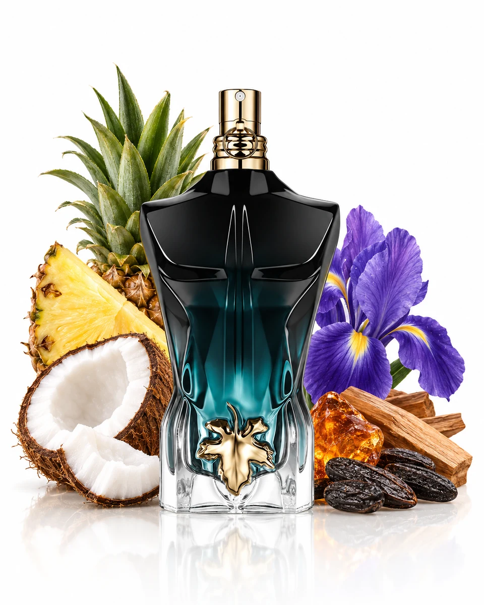 Jean Paul Gaultier Le Beau Le Parfum Eau de Parfum Intense bottle with fragrance-note elements (AI-generated)