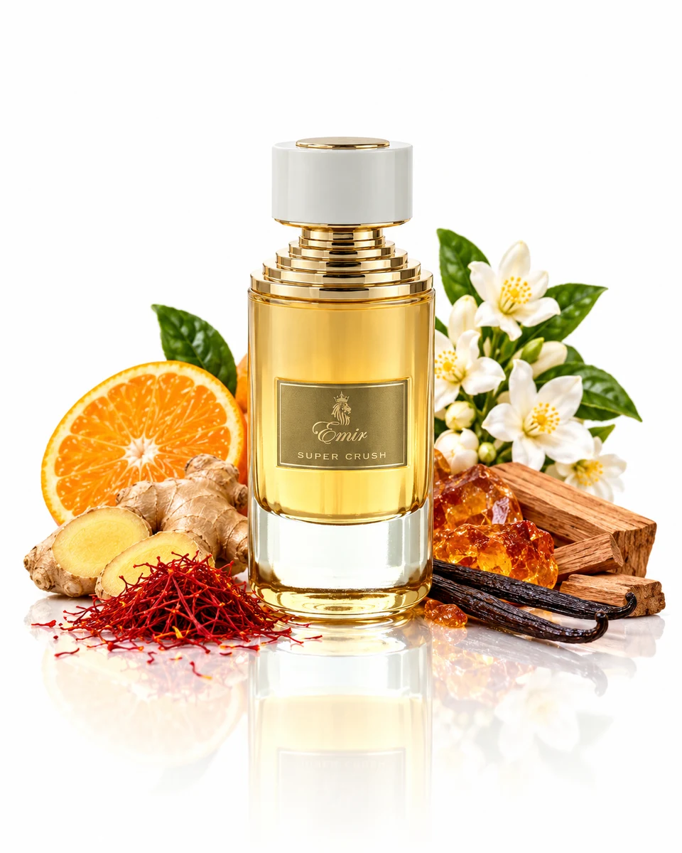 Paris Corner Emir Super Crush Eau de Parfum bottle with fragrance-note elements (AI-generated)