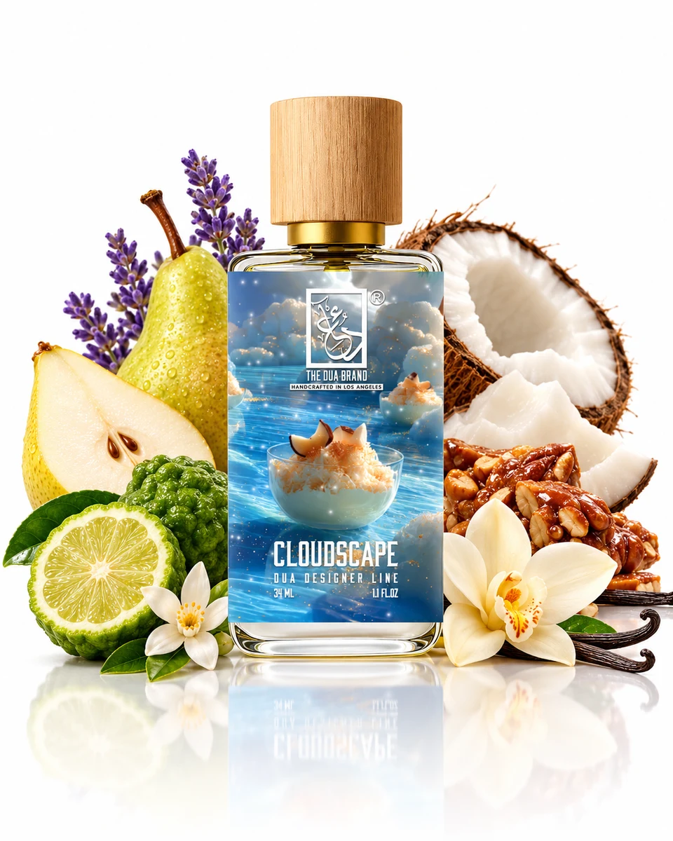 The Dua Brand Cloudscape Extrait de Parfum bottle with fragrance-note elements (AI-generated)