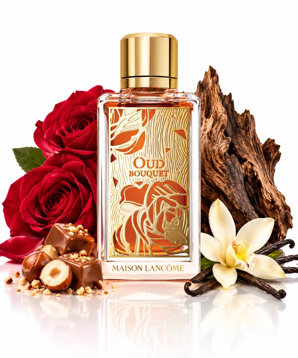 Lancôme Oud Bouquet Eau de Parfum bottle with fragrance-note elements (AI-generated)