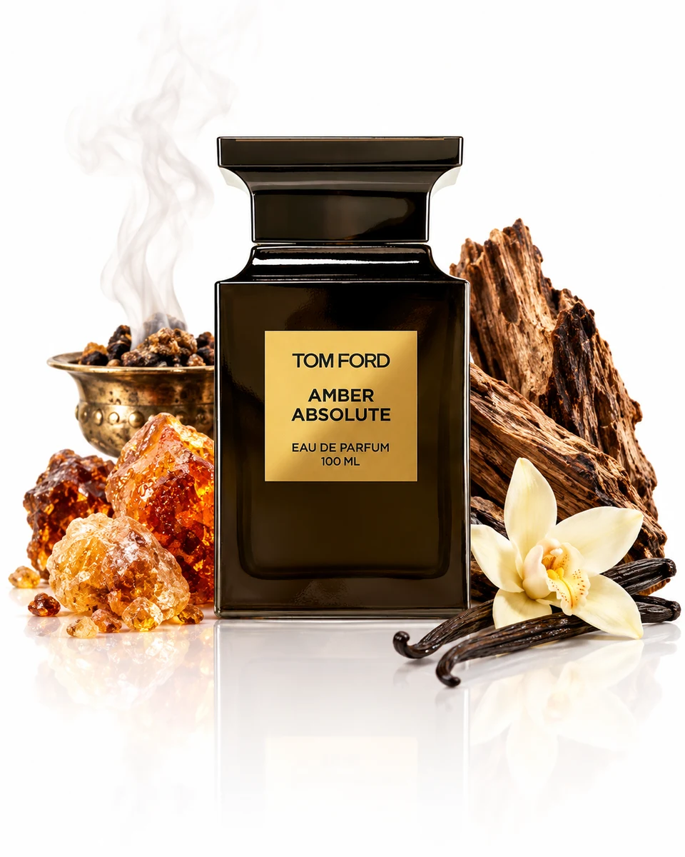 Tom Ford Amber Absolute Eau de Parfum bottle with fragrance-note elements (AI-generated)