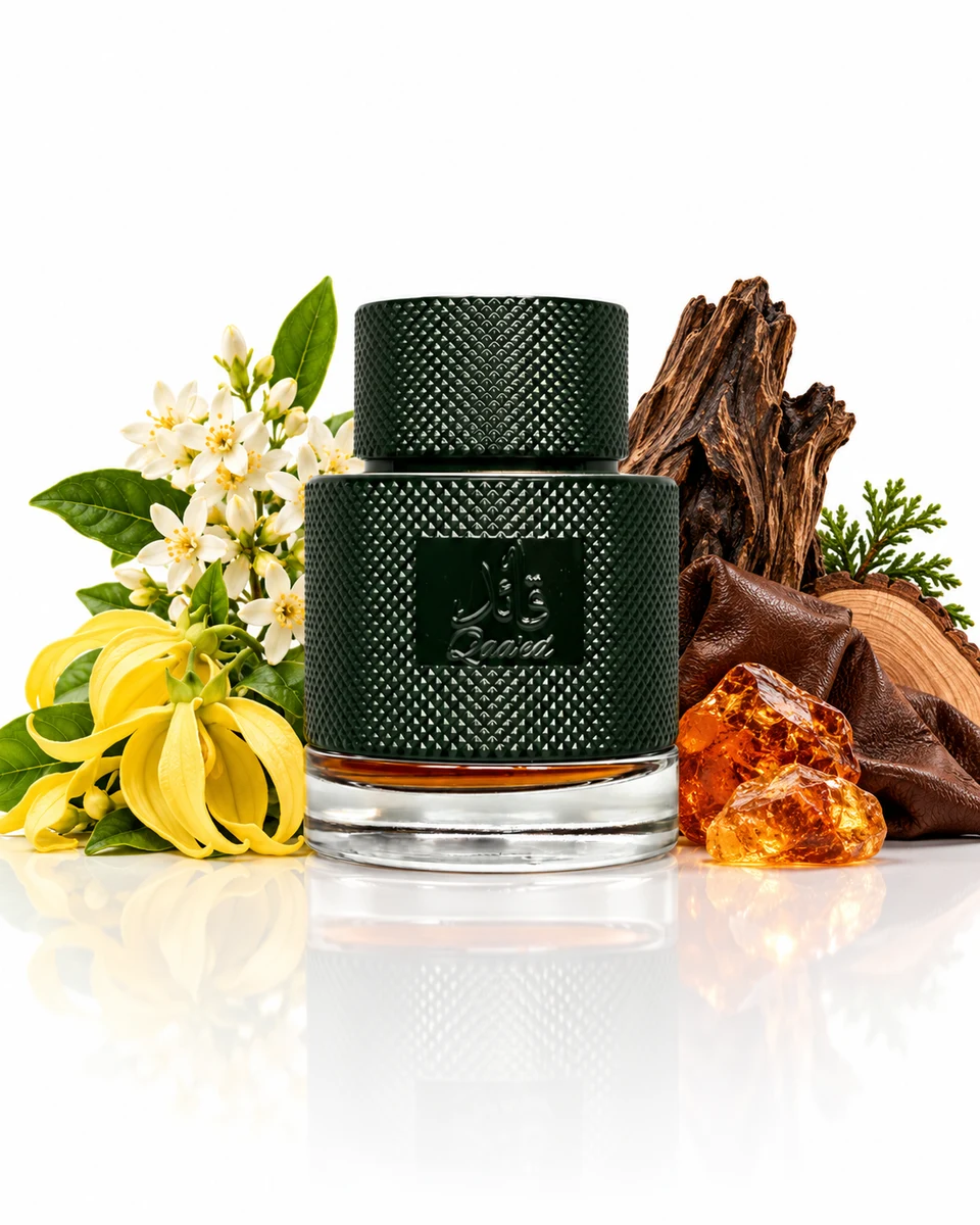 Lattafa Qaa'ed Al Shabaab Eau de Parfum bottle with fragrance-note elements (AI-generated)
