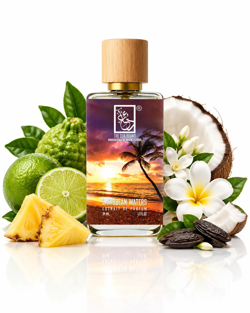 The Dua Brand Caribbean Waters Extrait de Parfum bottle with fragrance-note elements (AI-generated)