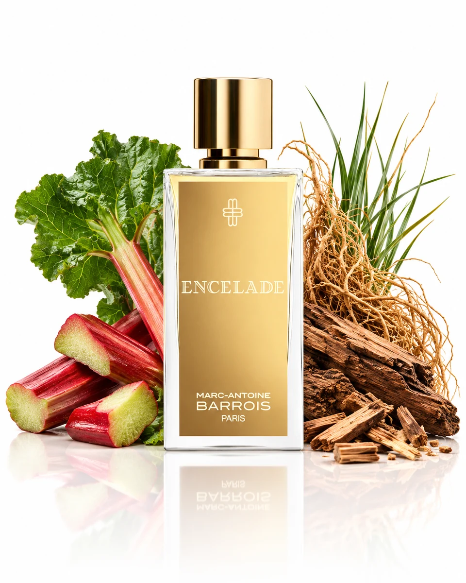 Marc-Antoine Barrois Encelade Eau de Parfum bottle with fragrance-note elements (AI-generated)