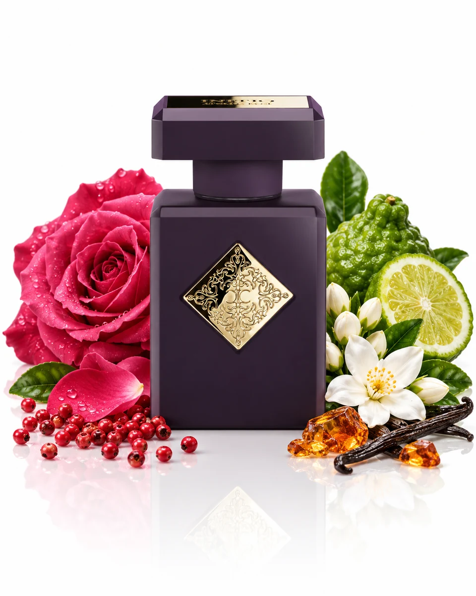 Initio Parfums Privés Atomic Rose Eau de Parfum bottle with fragrance-note elements (AI-generated)