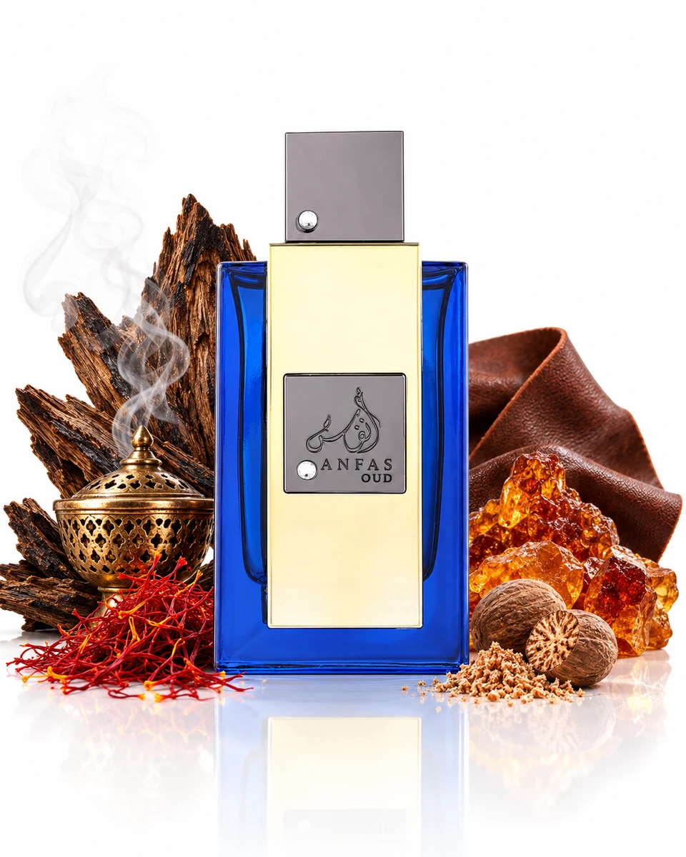 Lattafa Anfas Oud bottle with fragrance-note elements (AI-generated)