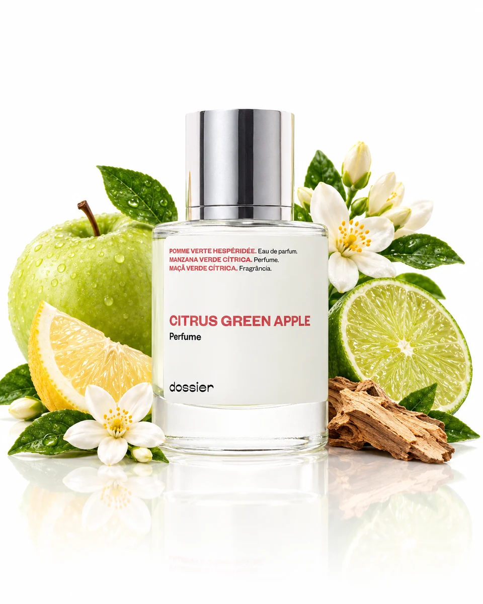 Dossier Citrus Green Apple Eau de Parfum bottle with fragrance-note elements (AI-generated)