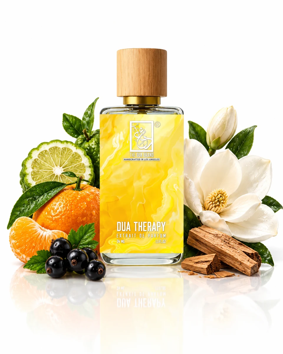 The Dua Brand Dua Therapy Extrait de Parfum bottle with fragrance-note elements (AI-generated)