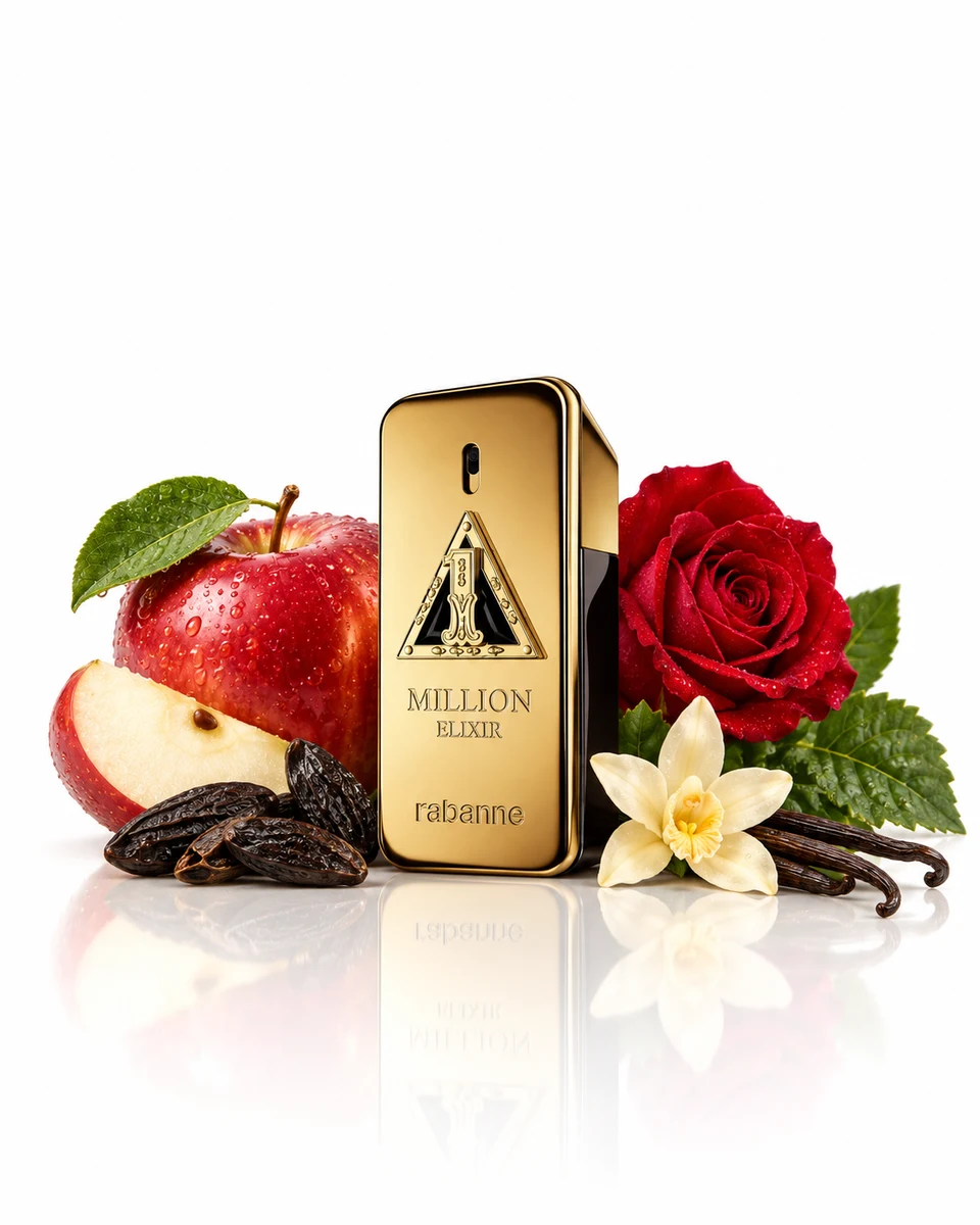 Rabanne 1 Million Elixir Parfum Intense bottle with fragrance-note elements (AI-generated)