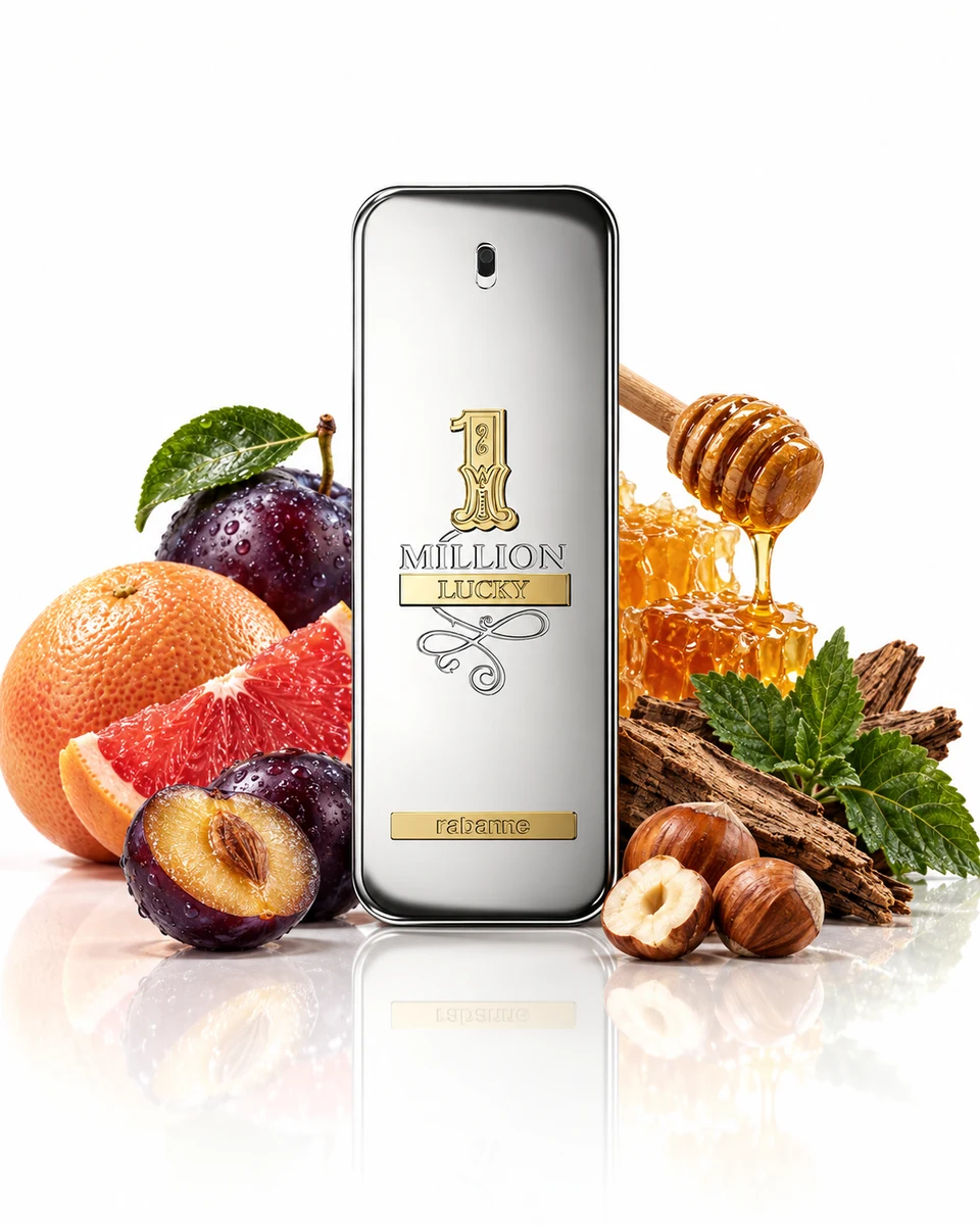 Rabanne 1 Million Lucky Eau de Toilette bottle with fragrance-note elements (AI-generated)