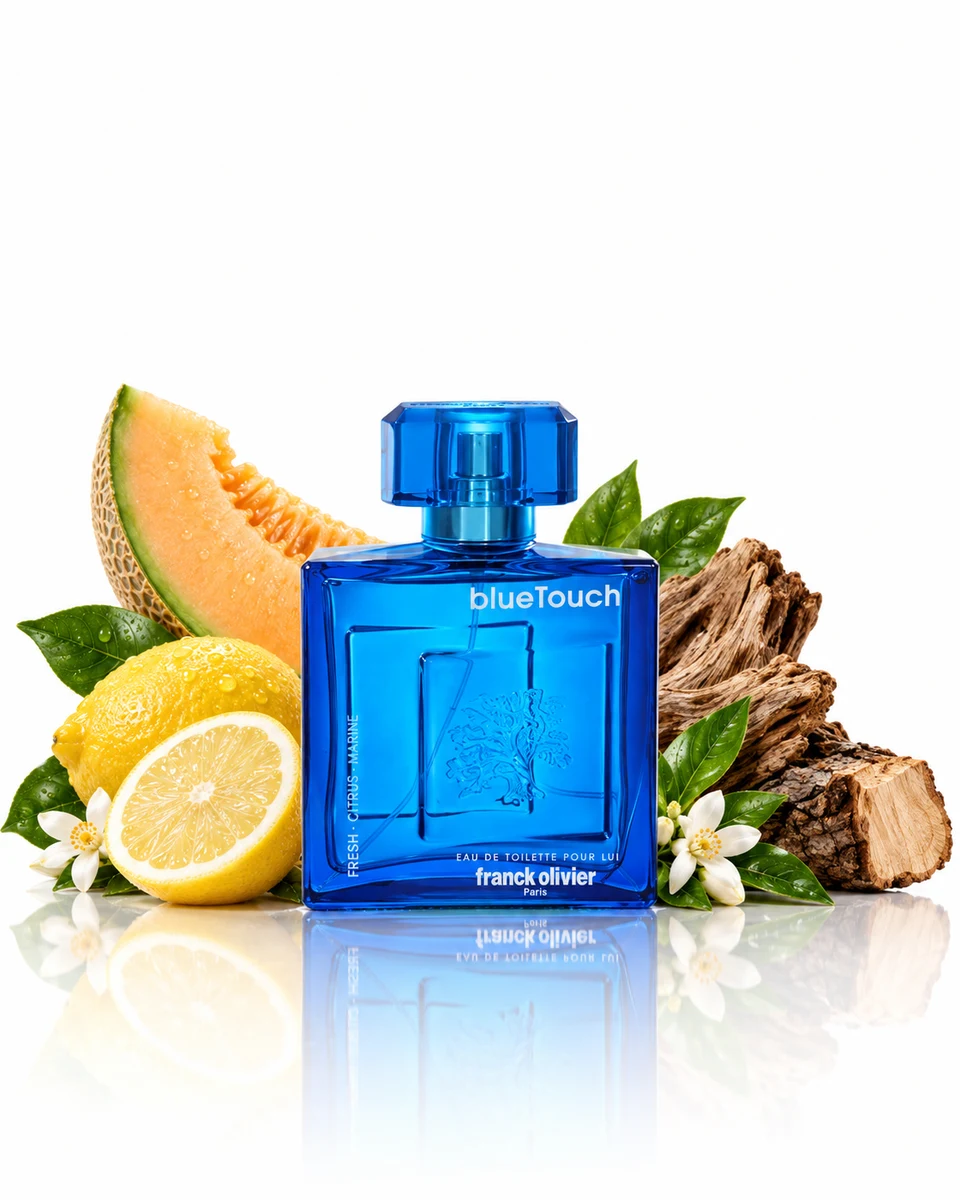 Franck Olivier Blue Touch Eau de Toilette bottle with fragrance-note elements (AI-generated)