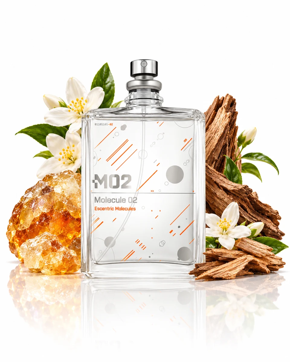 Escentric Molecules Molecule 02 Eau de Toilette bottle with fragrance-note elements (AI-generated)