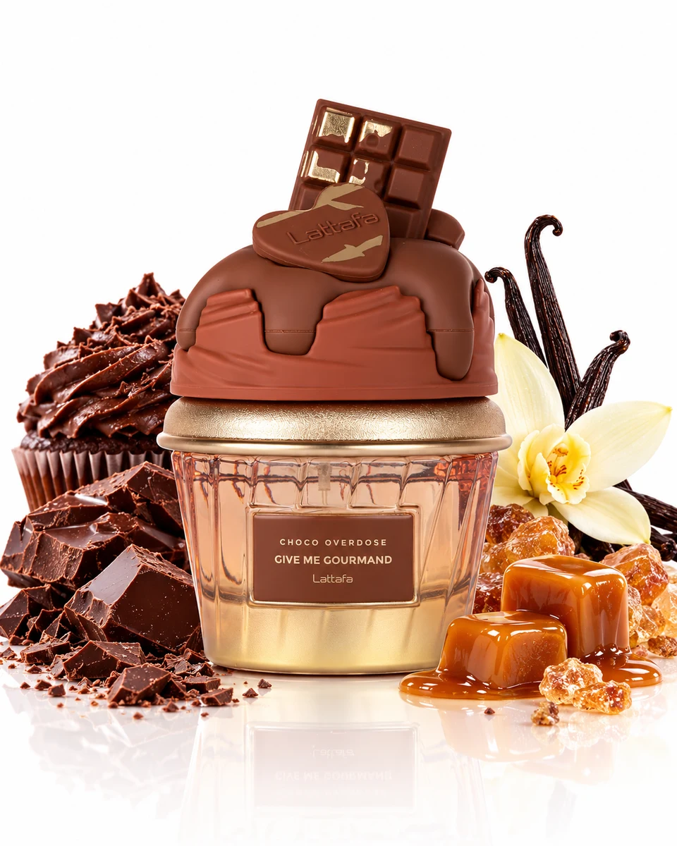 Lattafa Choco Overdose Eau de Parfum bottle with fragrance-note elements (AI-generated)