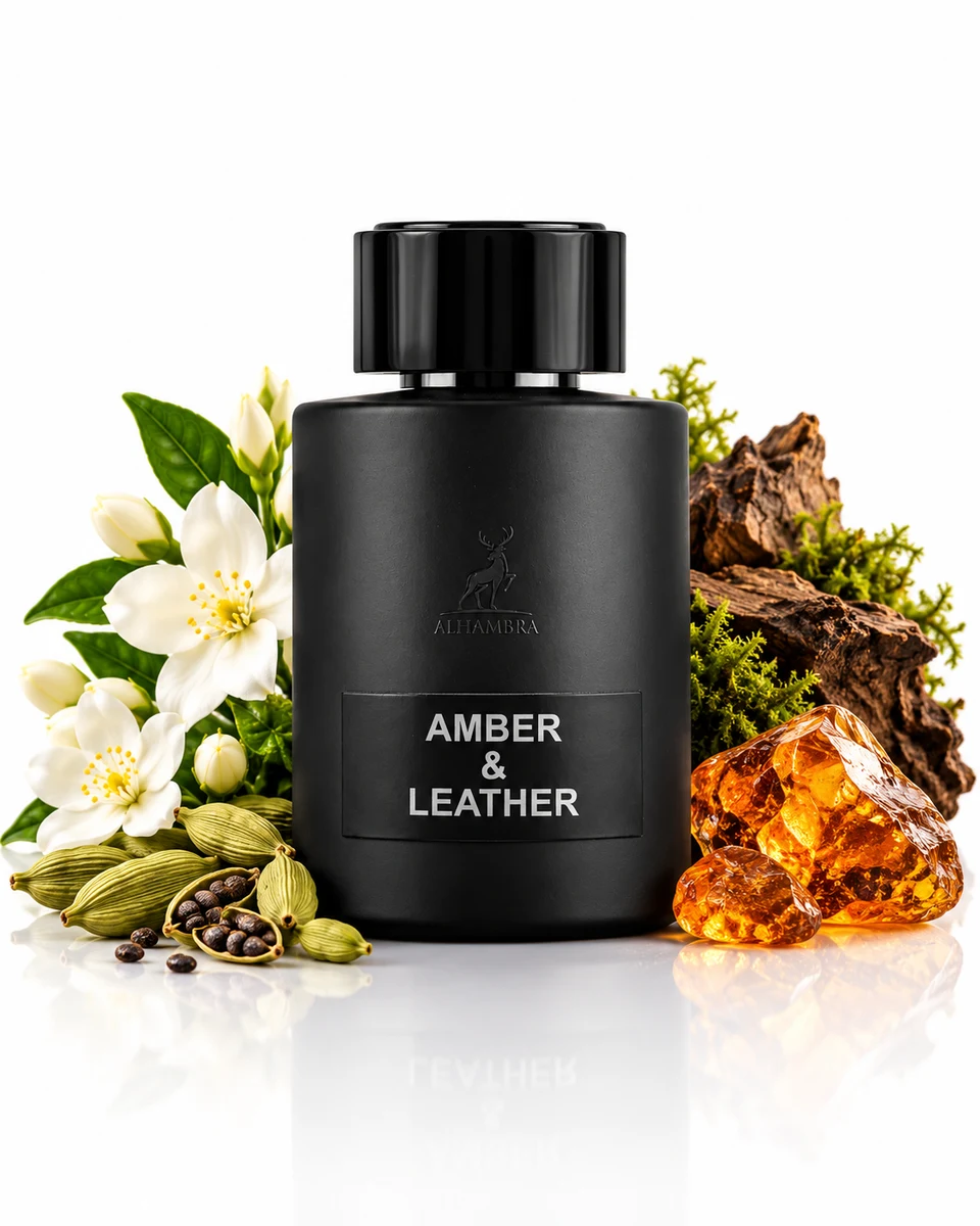 Maison Alhambra Amber & Leather Eau de Parfum bottle with fragrance-note elements (AI-generated)