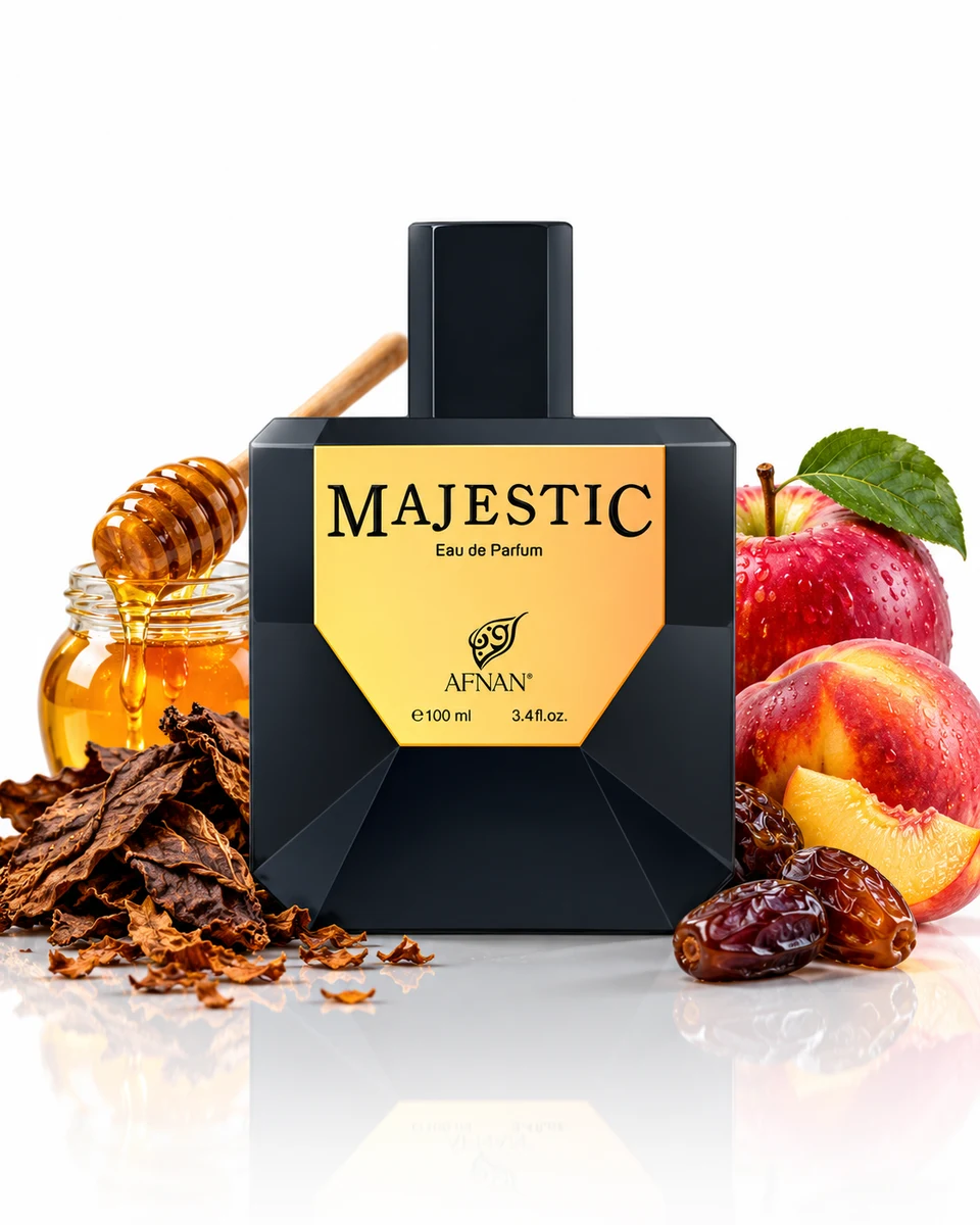 Afnan Majestic Black bottle with fragrance-note elements (AI-generated)