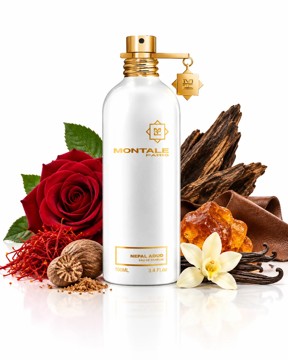 Montale Nepal Aoud Eau de Parfum bottle with fragrance-note elements (AI-generated)