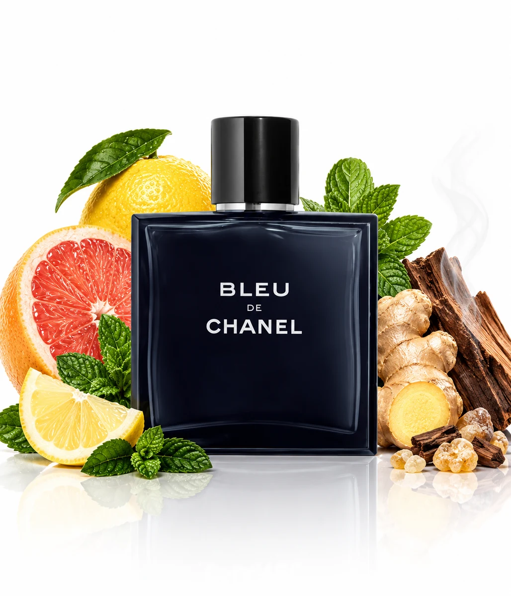 Chanel Bleu de Chanel Eau de Toilette bottle with fragrance-note elements (AI-generated)