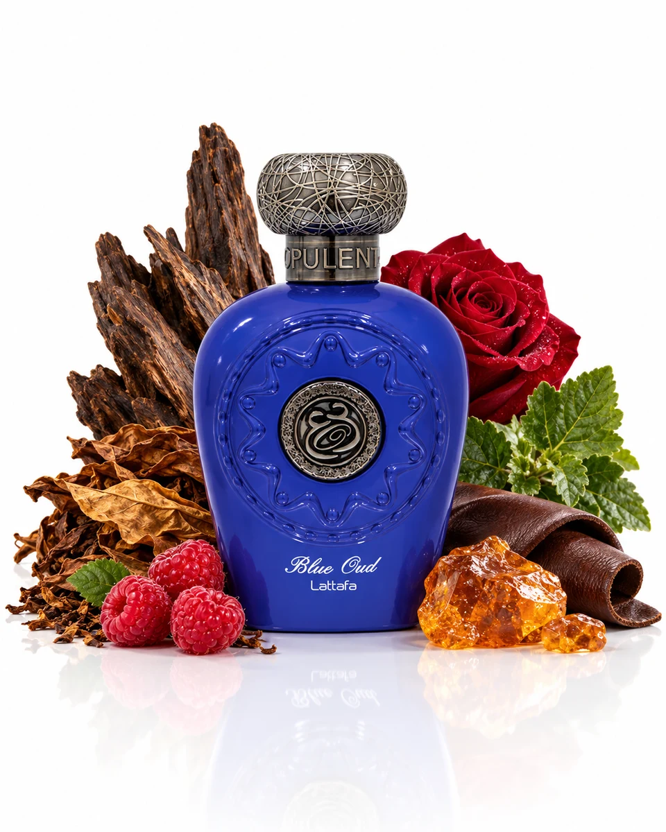 Ibraheem AlQurashi Blue Oud Eau de Parfum bottle with fragrance-note elements (AI-generated)