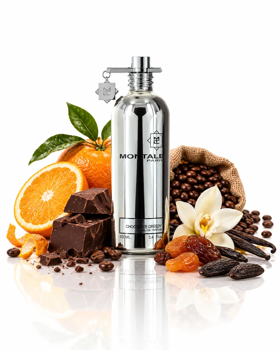 Montale Chocolate Greedy Eau de Parfum bottle with fragrance-note elements (AI-generated)