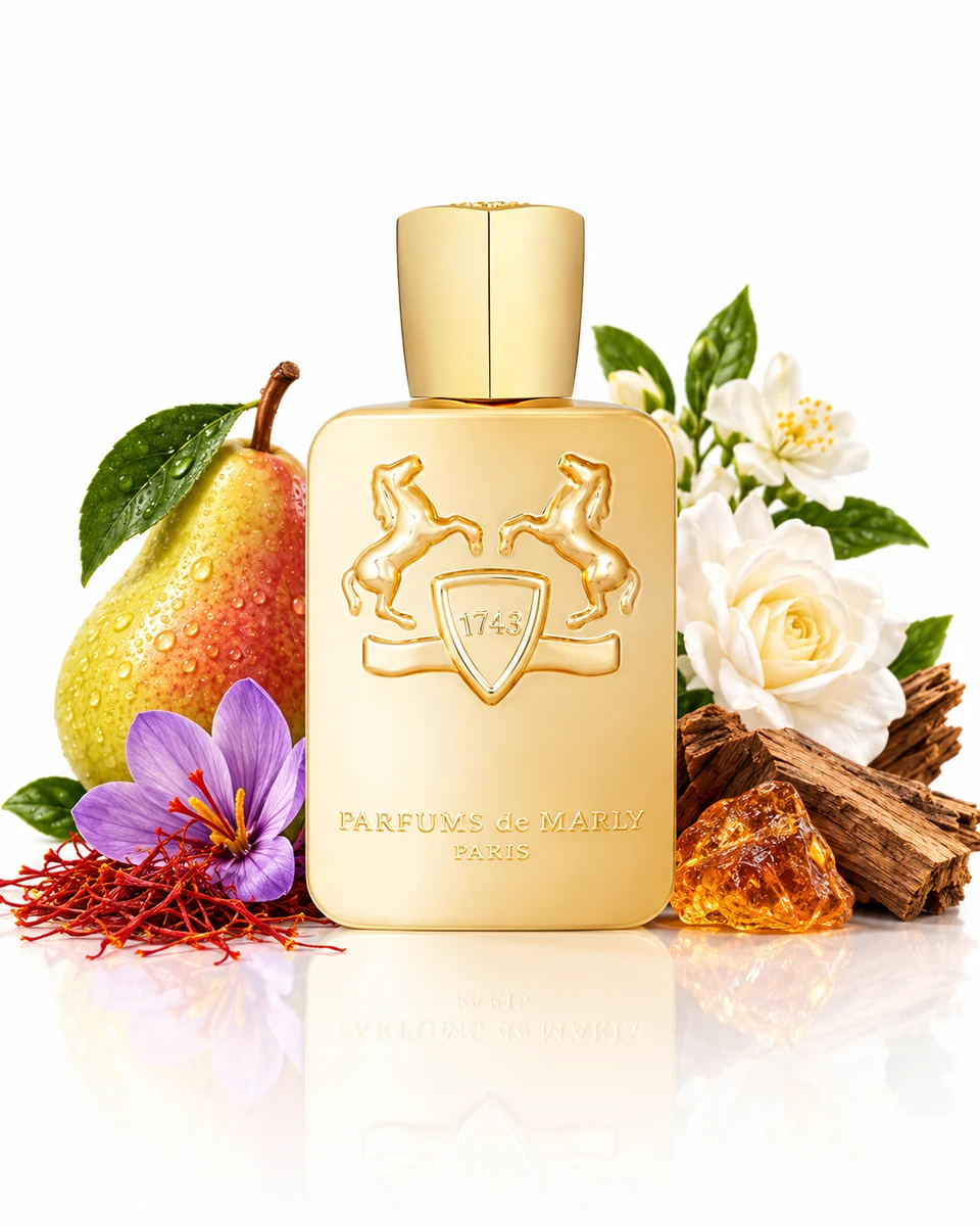 Parfums de Marly Godolphin Eau de Parfum bottle with fragrance-note elements (AI-generated)