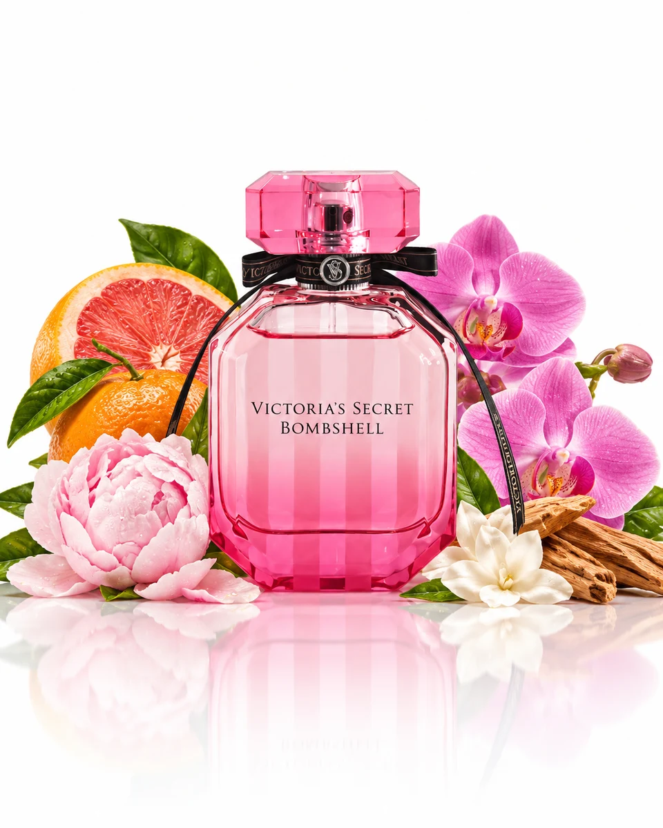 Victoria's Secret Bombshell Eau de Parfum bottle with fragrance-note elements (AI-generated)