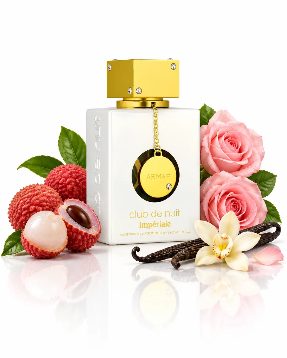 Armaf Club de Nuit White Impériale Eau de Parfum bottle with fragrance-note elements (AI-generated)