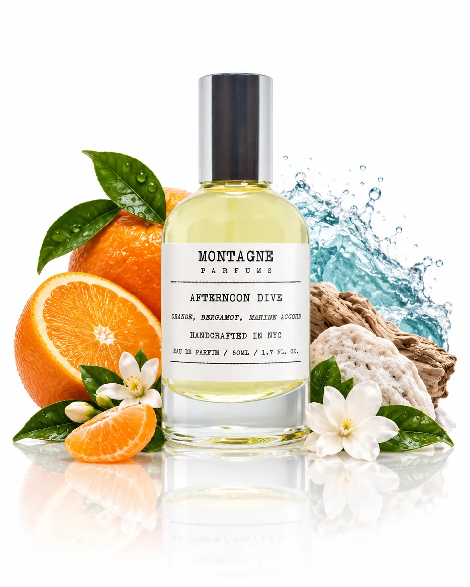 Montagne Parfums Afternoon Dive Eau de Parfum bottle with fragrance-note elements (AI-generated)