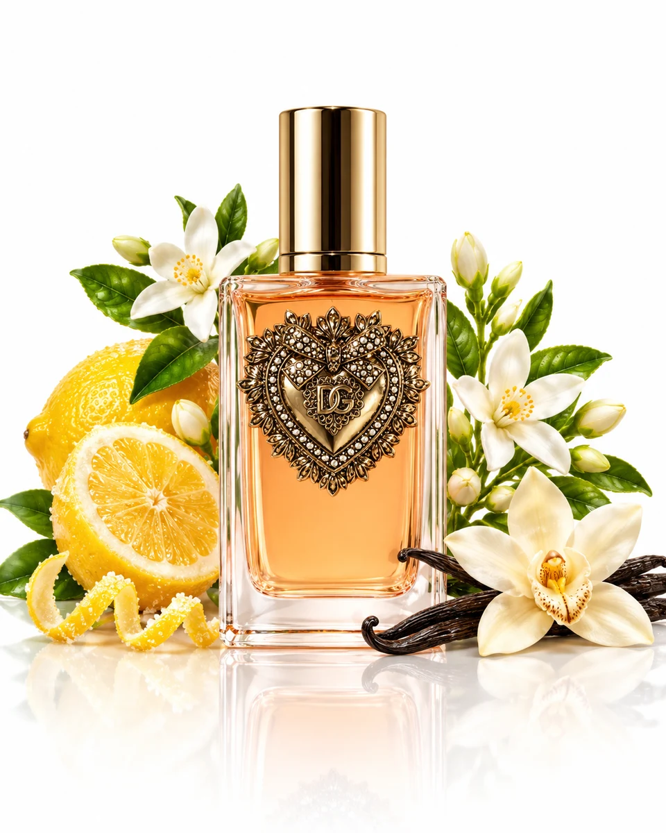 Dolce & Gabbana Devotion Eau de Parfum bottle with fragrance-note elements (AI-generated)