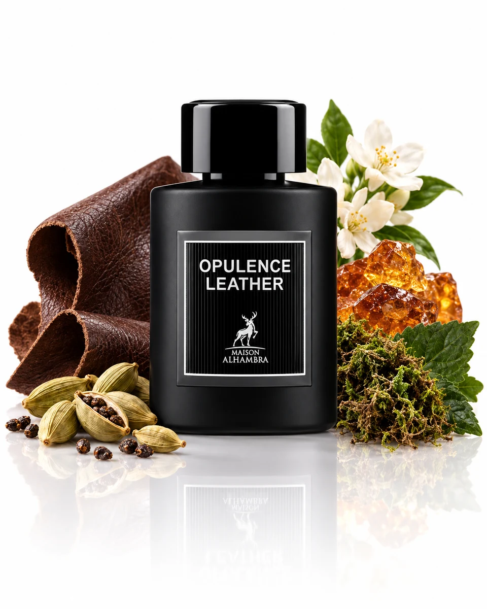 Maison Alhambra Opulence Leather Eau de Parfum bottle with fragrance-note elements (AI-generated)