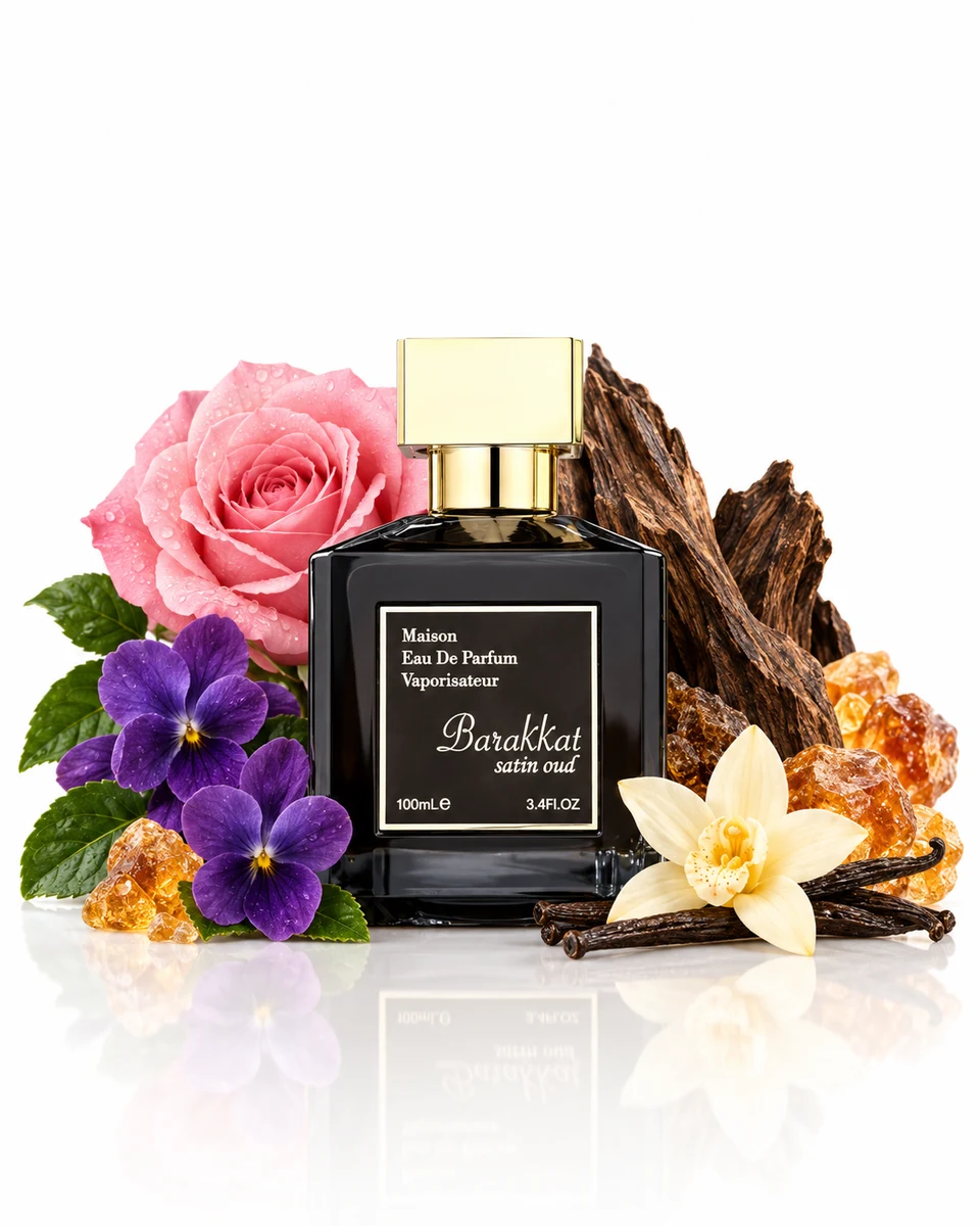 Fragrance World Barakkat Satin Oud Eau de Parfum bottle with fragrance-note elements (AI-generated)