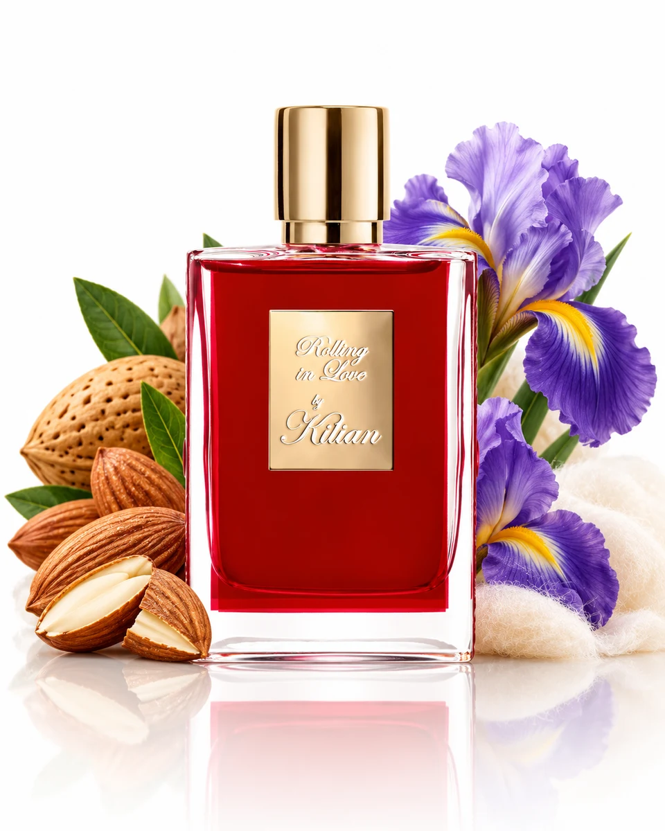 Kilian Paris Rolling in Love Eau de Parfum bottle with fragrance-note elements (AI-generated)