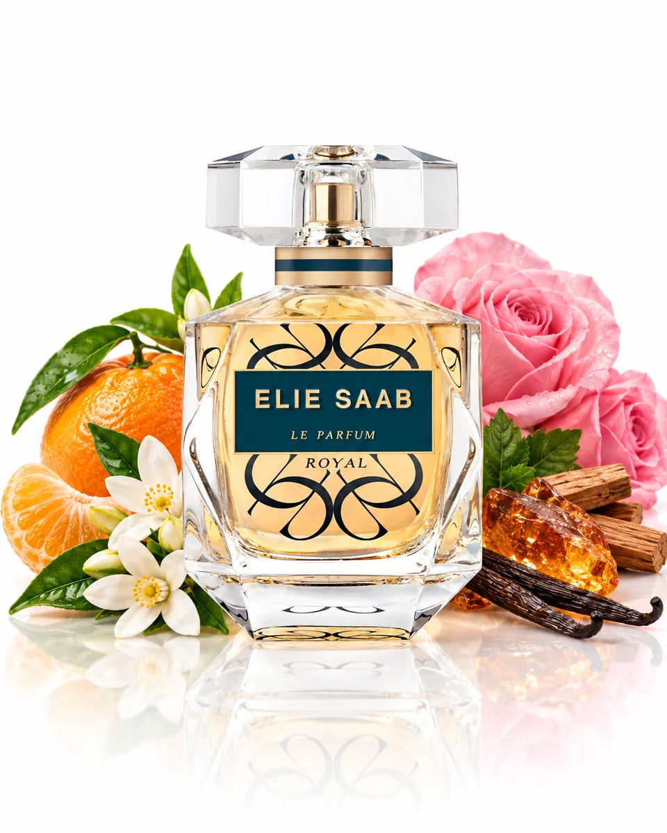 Elie Saab Le Parfum Royal Eau de Parfum bottle with fragrance-note elements (AI-generated)