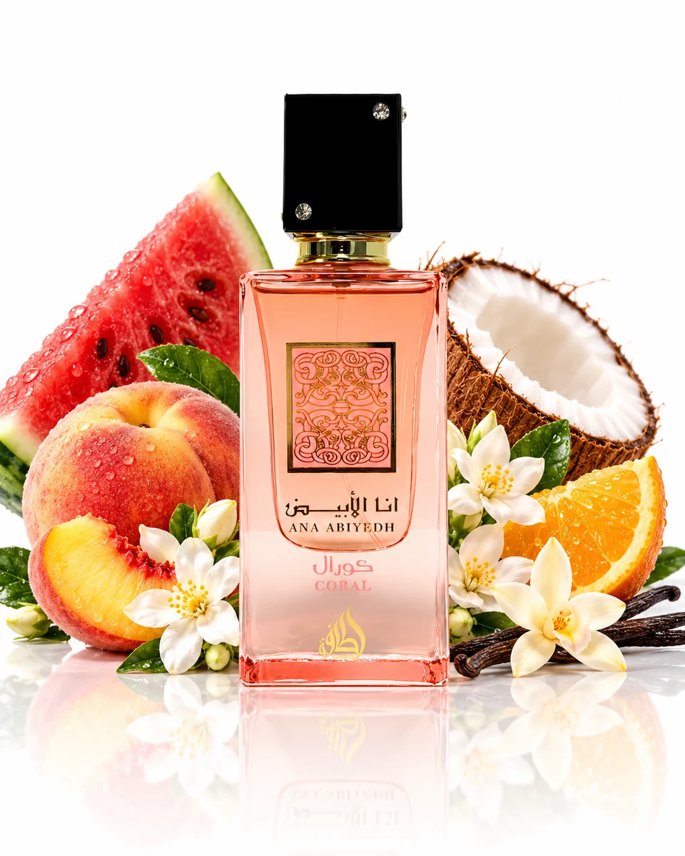 Lattafa Ana Abiyedh Coral Eau de Parfum bottle with fragrance-note elements (AI-generated)