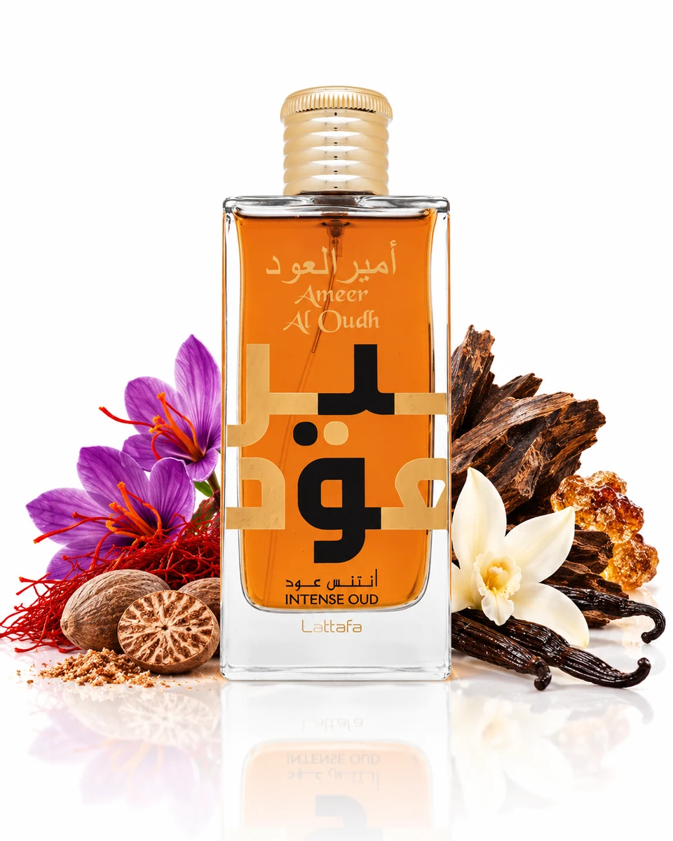Lattafa Ameer Al Oudh Intense Oud Eau de Parfum bottle with fragrance-note elements (AI-generated)