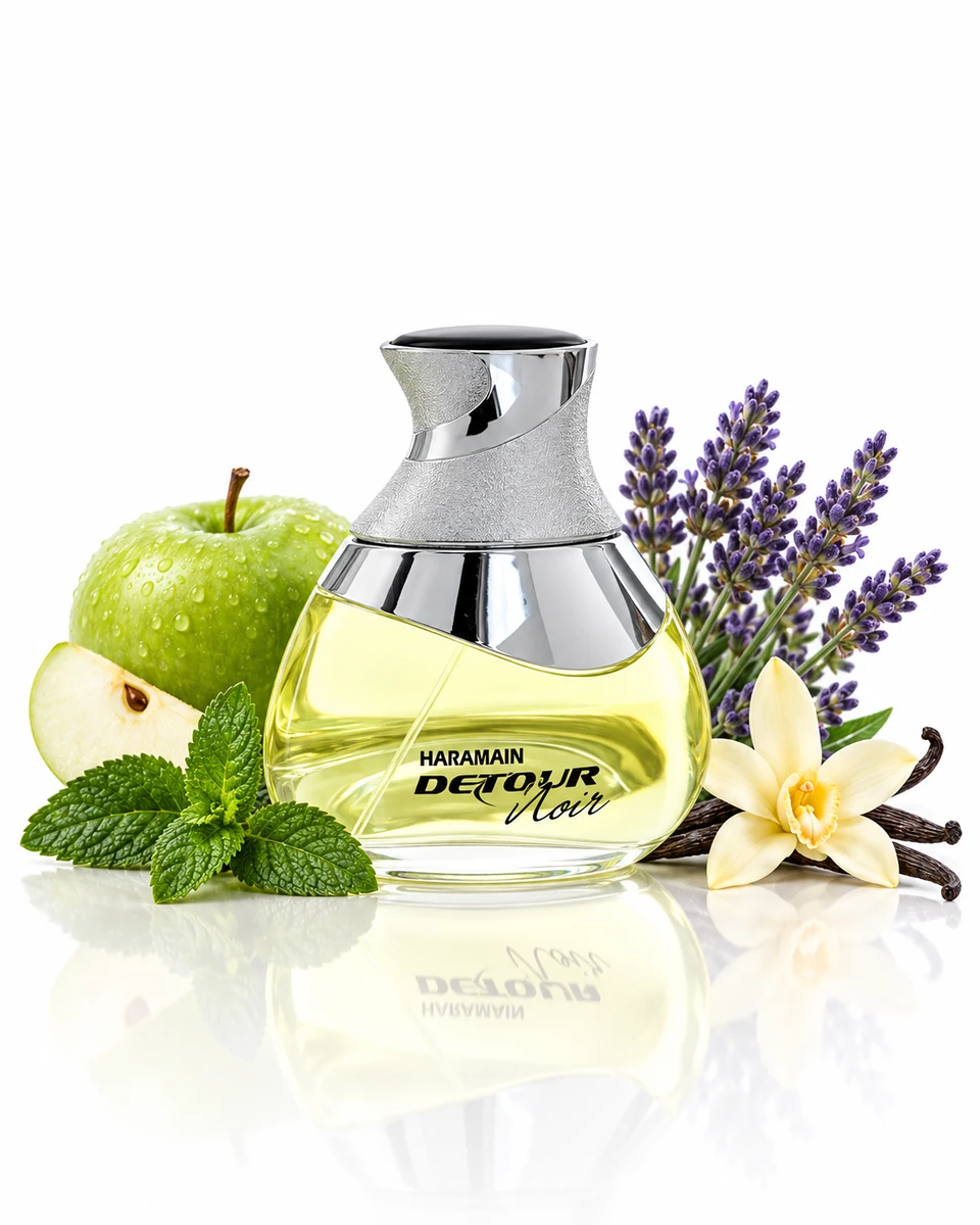 Al Haramain Detour Noir Eau de Parfum bottle with fragrance-note elements (AI-generated)